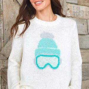 CUTE! Wooden Ships Ski Babe Crew White Sweater with Ski goggles and hat image